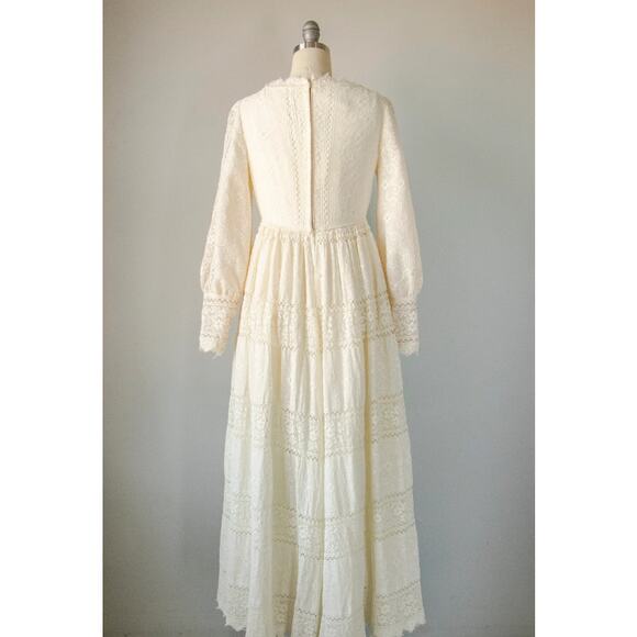 Vintage c. 1970 Emma Domb Boho Mod Prairie Victorian Lace Wedding Dress Davids - Picture 3 of 14